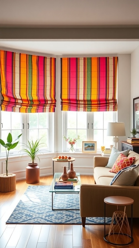 Brightly colored Roman shades in a living room with a light beige sofa and wooden decor.
