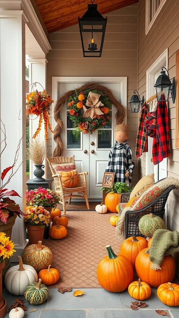 Colorful seasonal decor on a porch with pumpkins, flowers, and a scarecrow.