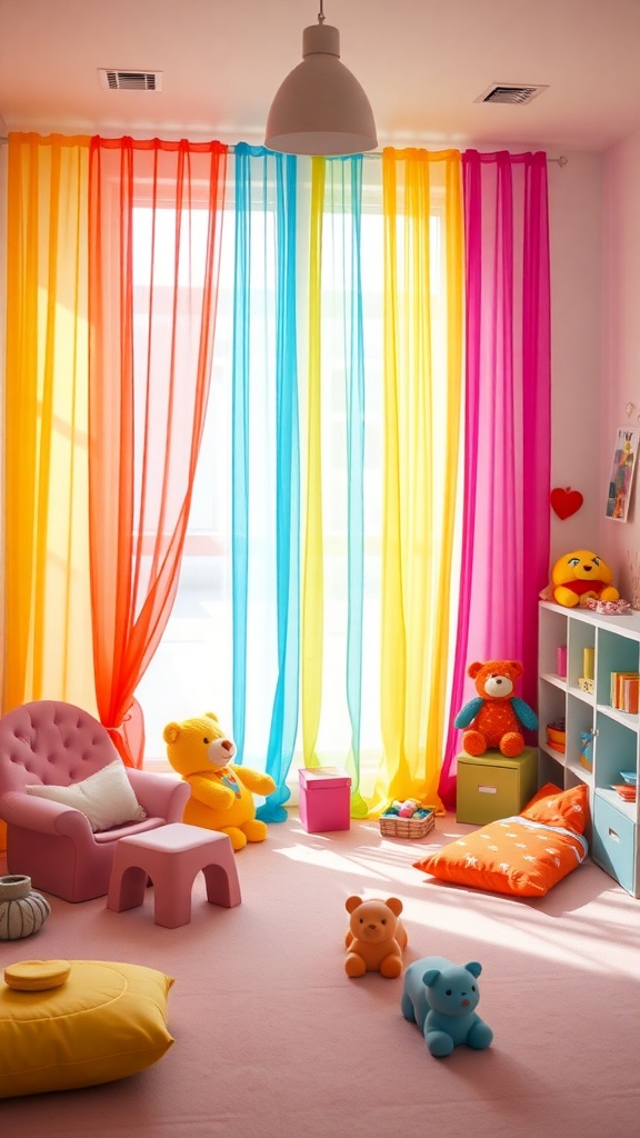 A bright room with colorful sheer curtains in orange, blue, pink, and yellow, featuring cozy furniture and plush toys.