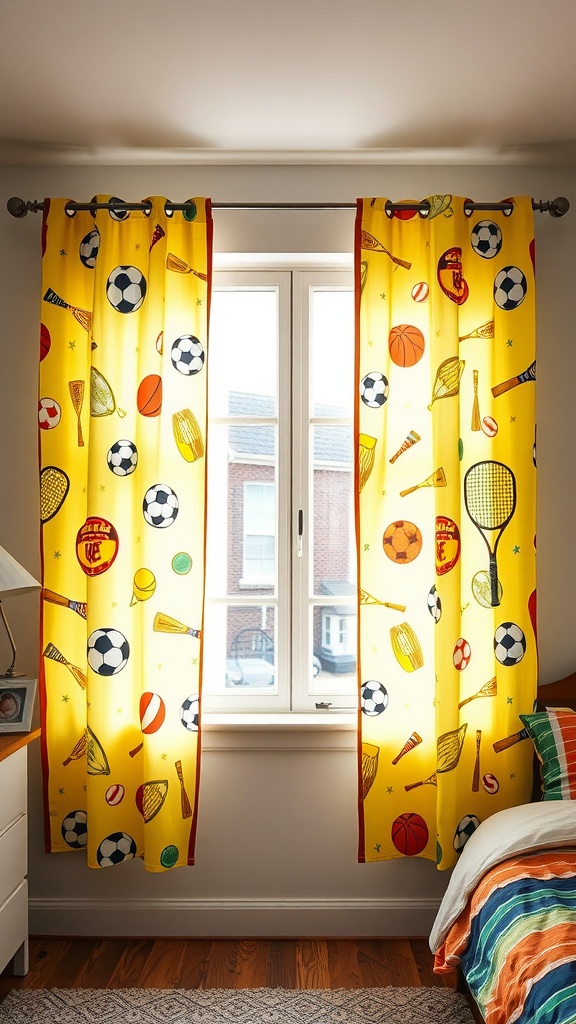 Bright yellow curtains with sports-themed designs, featuring soccer balls, basketballs, and tennis rackets.