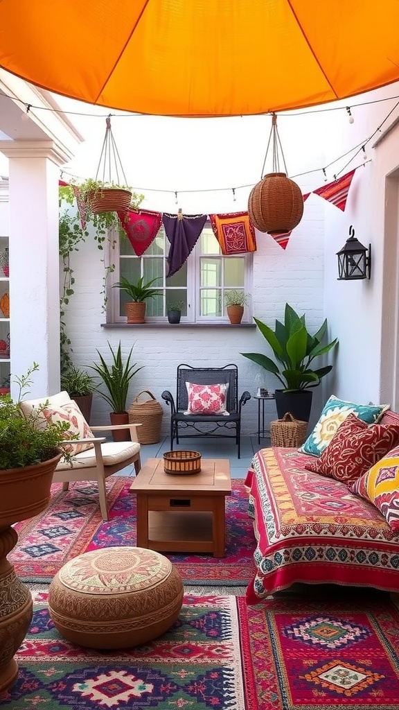 A colorful Bohemian patio with vibrant textiles and patterns, featuring an orange canopy, patterned cushions, and greenery.