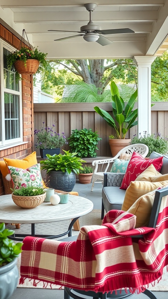A cozy outdoor patio with colorful throw pillows and a blanket on a sofa, surrounded by plants.