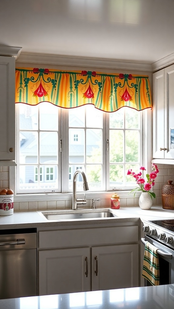 Colorful valance with floral design in a bright kitchen