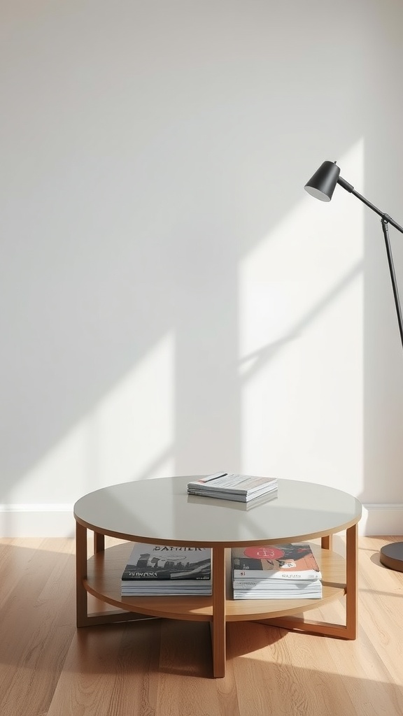 A modern round coffee table with a light top and wooden base, showcasing magazines on the lower shelf, beside a sleek black lamp.