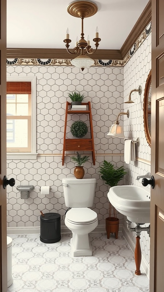 A vintage-inspired bathroom featuring hexagon tiles, wooden ladder shelf with plants, and classic fixtures.
