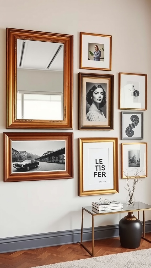 A wall featuring a large mirror and various framed artworks