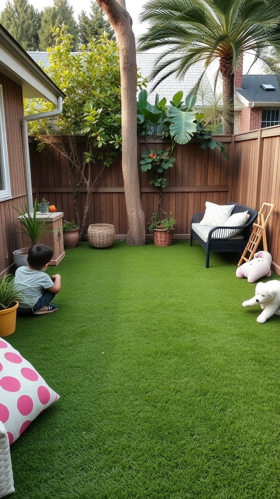 A backyard with artificial turf, featuring plants, a cozy seating area, and a child playing.