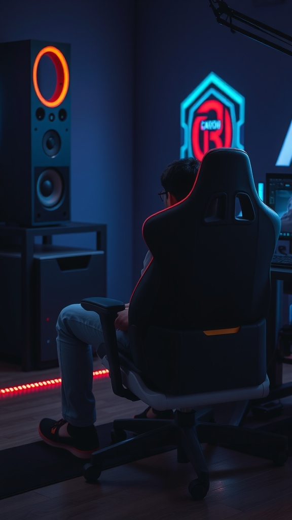 A person sitting in a gaming chair in a dimly lit room with modern gaming setup.