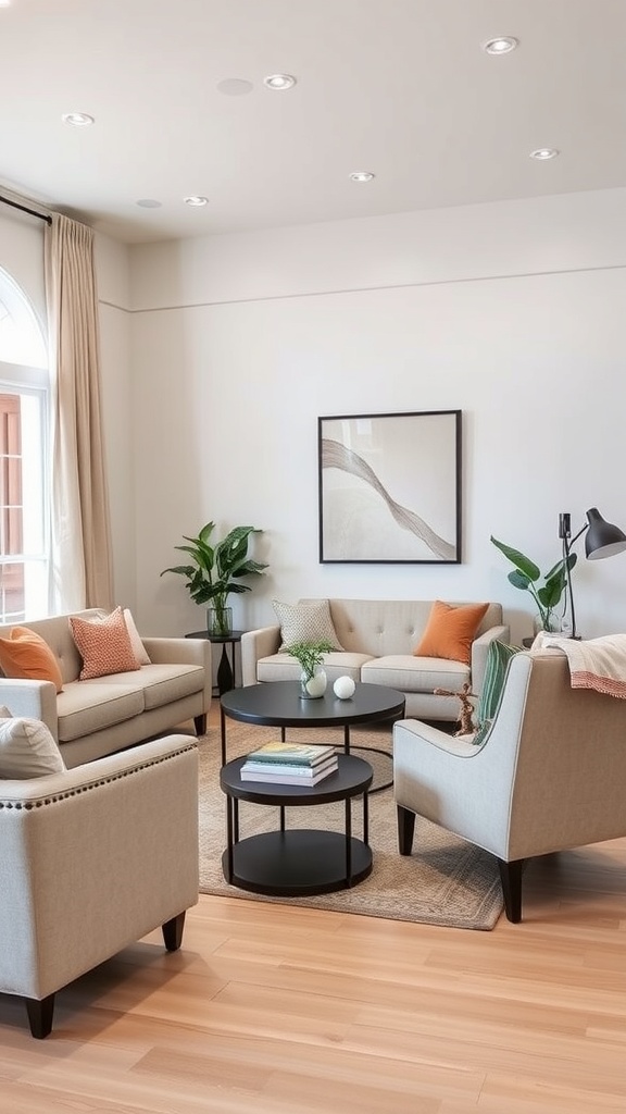 A neutral living room with light-colored sofas, accent pillows, a round coffee table, and plants.