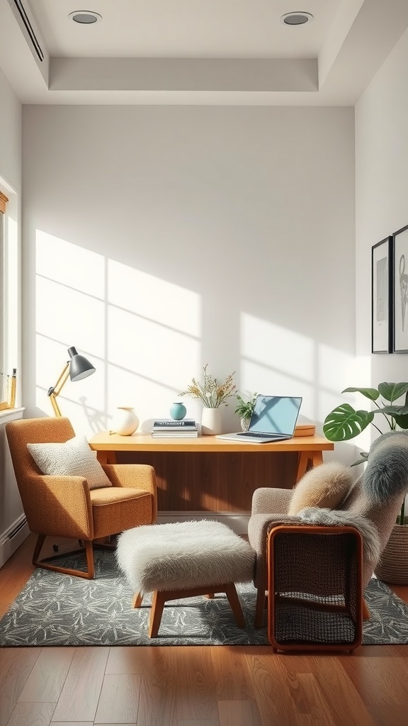 A cozy office space featuring two comfortable chairs, an ottoman, a desk with a laptop, and natural light streaming in.