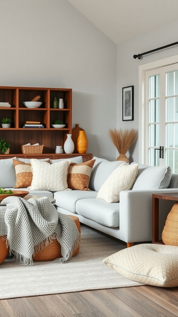 A cozy modern farmhouse living room featuring a light couch, colorful pillows, textured throws, and warm wooden accents.