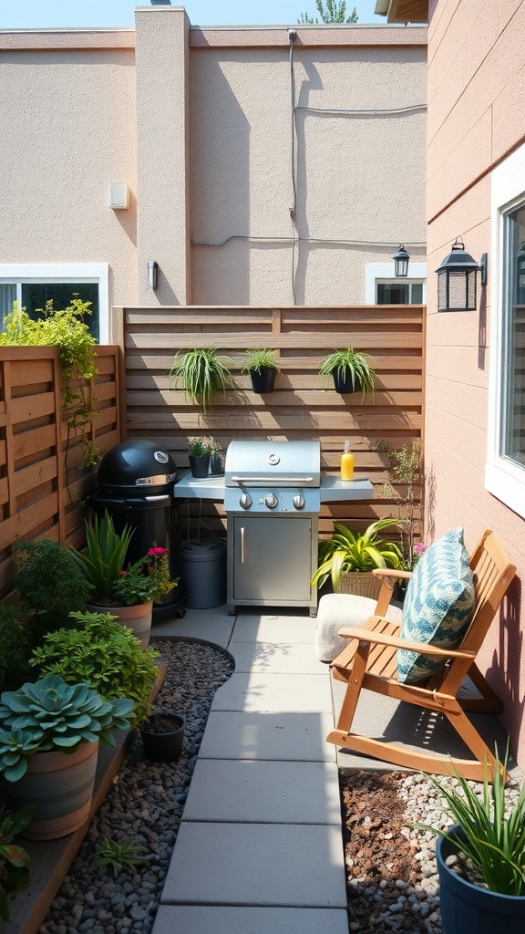Compact backyard BBQ nook with grill, plants, and seating