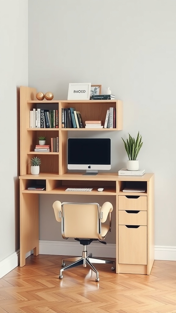A stylish compact corner desk and shelf combo with books, a computer, and a plant