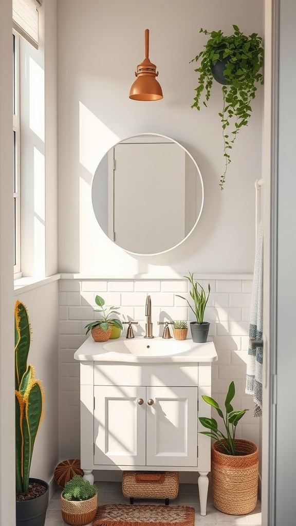 A compact corner vanity in a small bathroom with plants and a round mirror.