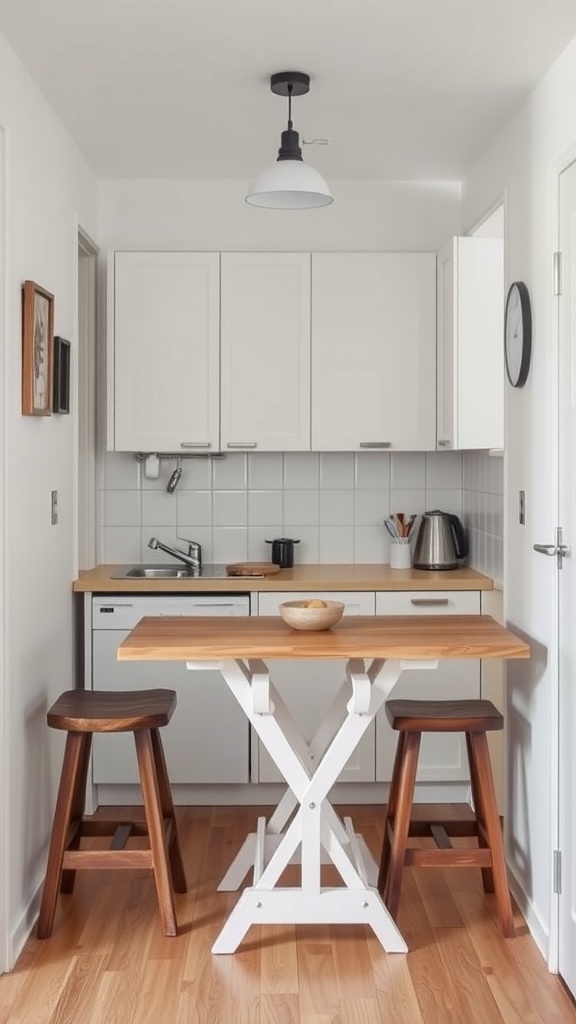 A compact kitchen with a foldable wooden dining table and stools, featuring white cabinetry.