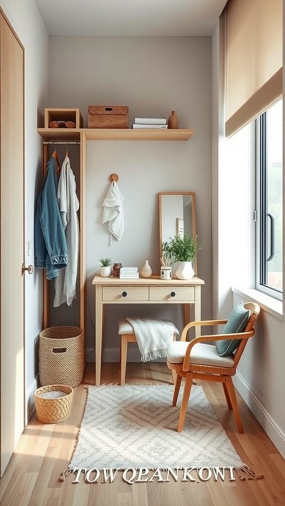 A small dressing room featuring compact furniture like a chair, a small table with a mirror, open shelving for storage, and decorative plants.