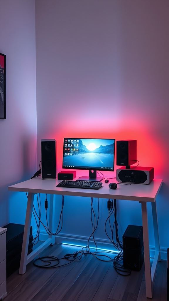 Compact gaming setup featuring a monitor, speakers, and keyboard on a sleek desk with colorful lighting.