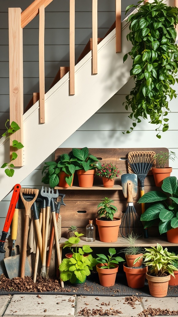 Compact garden storage under a staircase with potted plants and gardening tools.