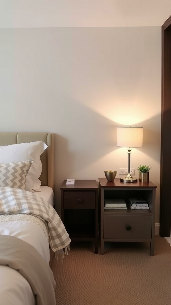 A small guest bedroom featuring compact nightstands with a lamp and decorative items