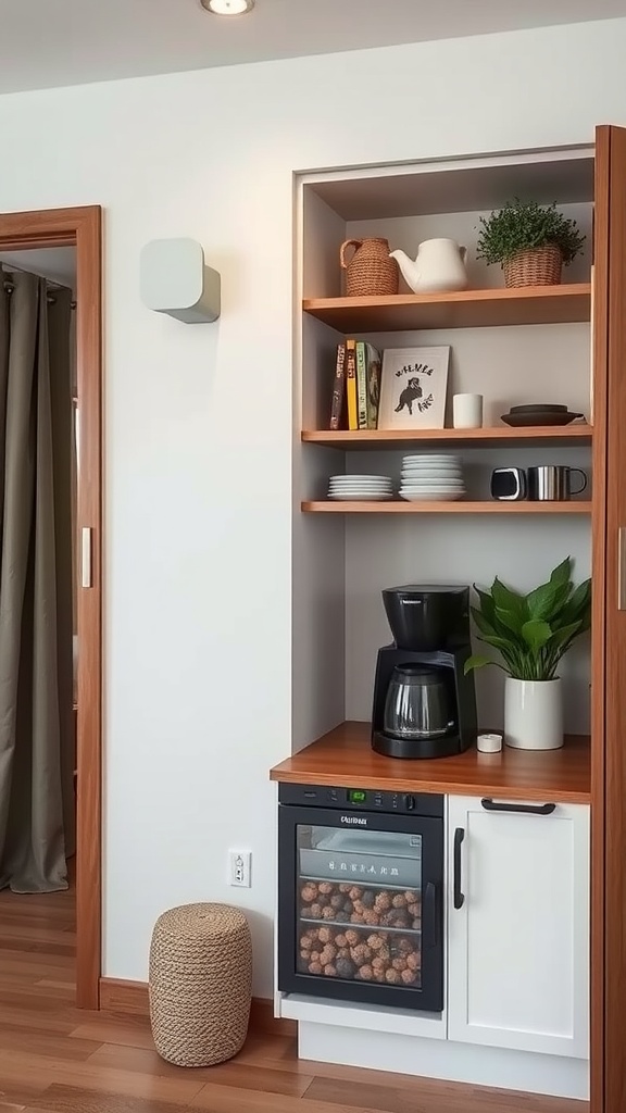 A compact urban coffee setup featuring a coffee maker, shelves with plates and teapot, a green plant, and a storage fridge.