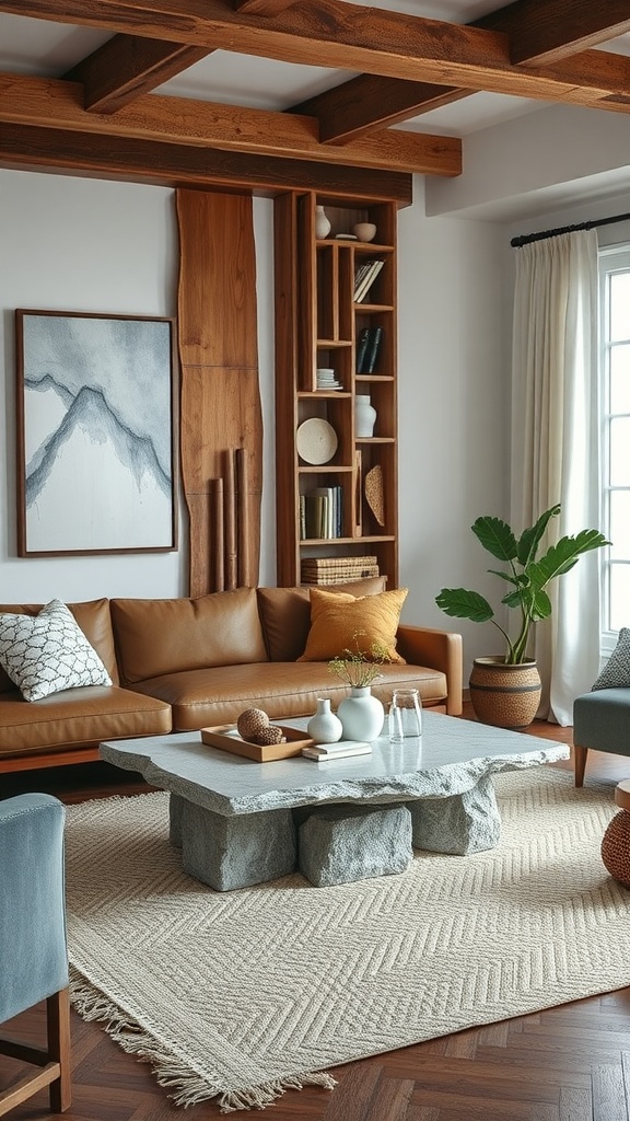 A cozy living room featuring a stone coffee table, leather sofa, and wooden accents.