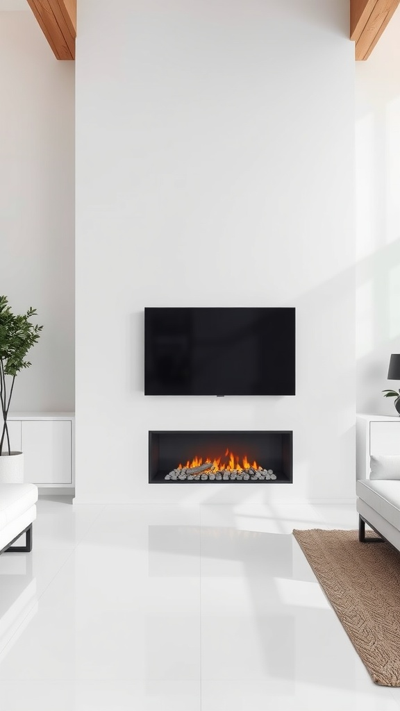 Modern living room with a wall-mounted TV and an electric fireplace