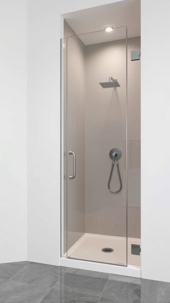 A contemporary shower niche with a glass enclosure, featuring a rainfall showerhead and a minimalist design.