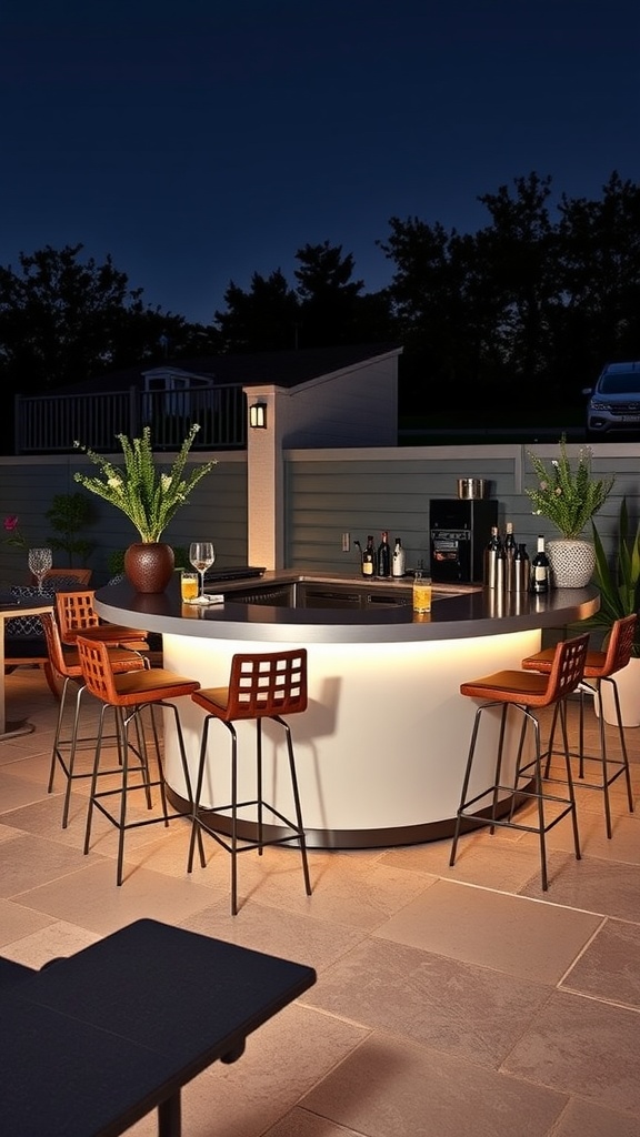 Stylish outdoor bar setup with illuminated circular bar and high stools.