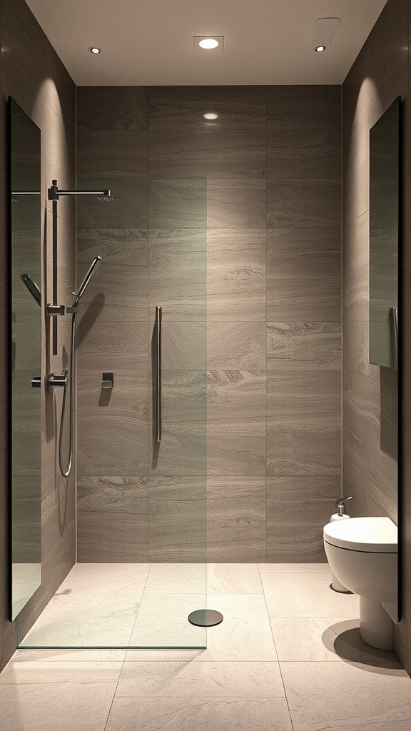 A contemporary stone shower with sleek fixtures and glass enclosure