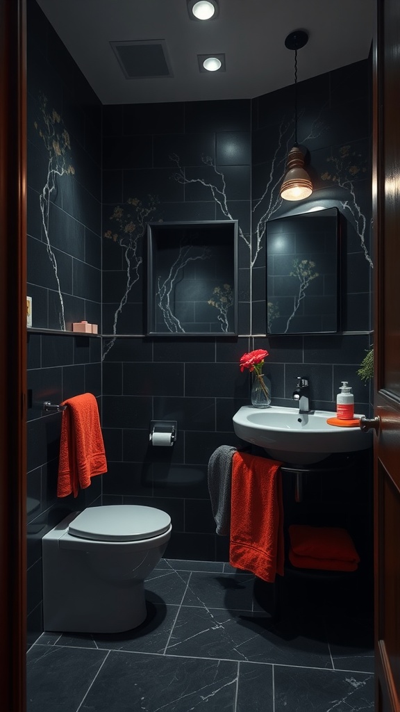 A dark bathroom featuring black tiles and bright orange accents