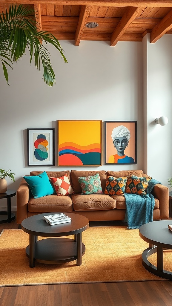A cozy living room featuring a brown sofa with colorful cushions and vibrant artwork on the wall.