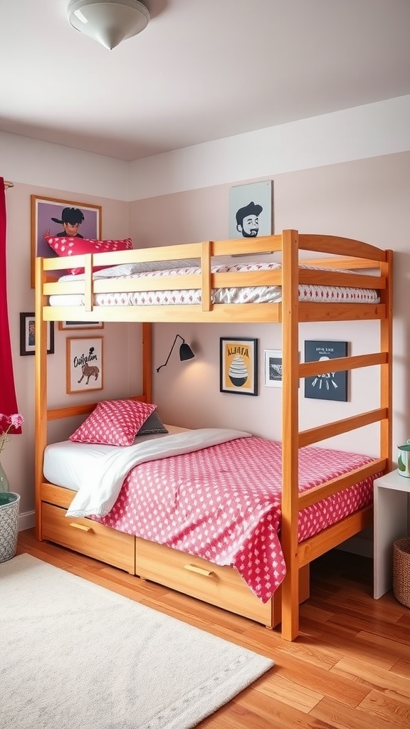 A wooden convertible bunk bed in a stylish teen bedroom with pink bedding and artwork on the walls.