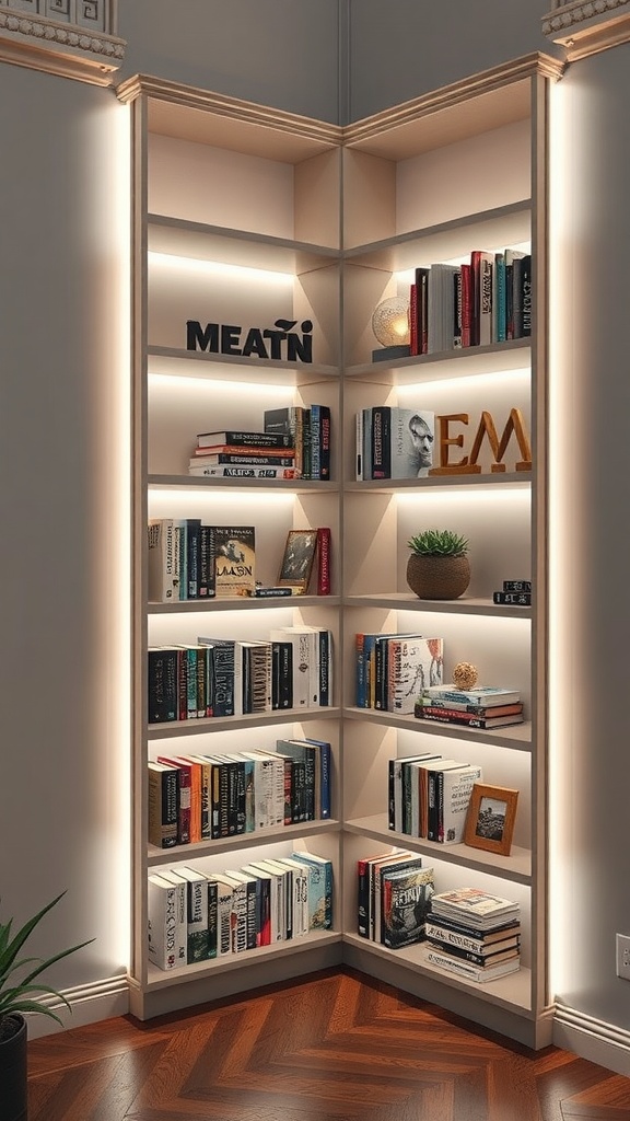 A stylish corner bookshelf with integrated lighting, showcasing books and decorative items.