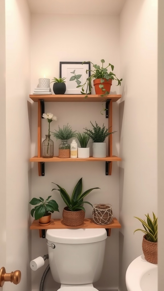 A small bathroom with corner shelves filled with plants and decorative items above the toilet