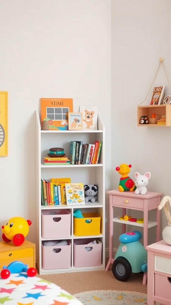 A colorful corner bookshelf in a kids' room with toys and books