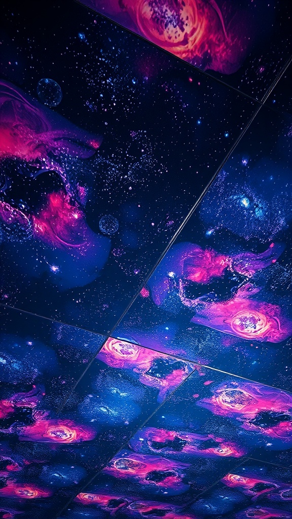 Ceiling with cosmic-themed wallpaper featuring galaxies and stars in deep blue and pink colors