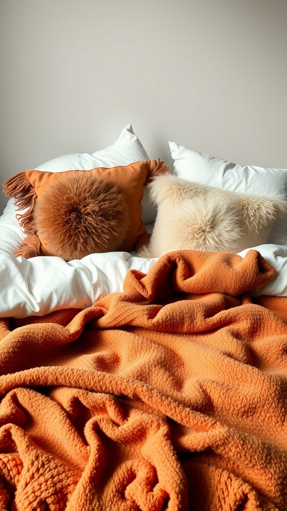 Cozy bedding with orange blanket and fluffy pillows