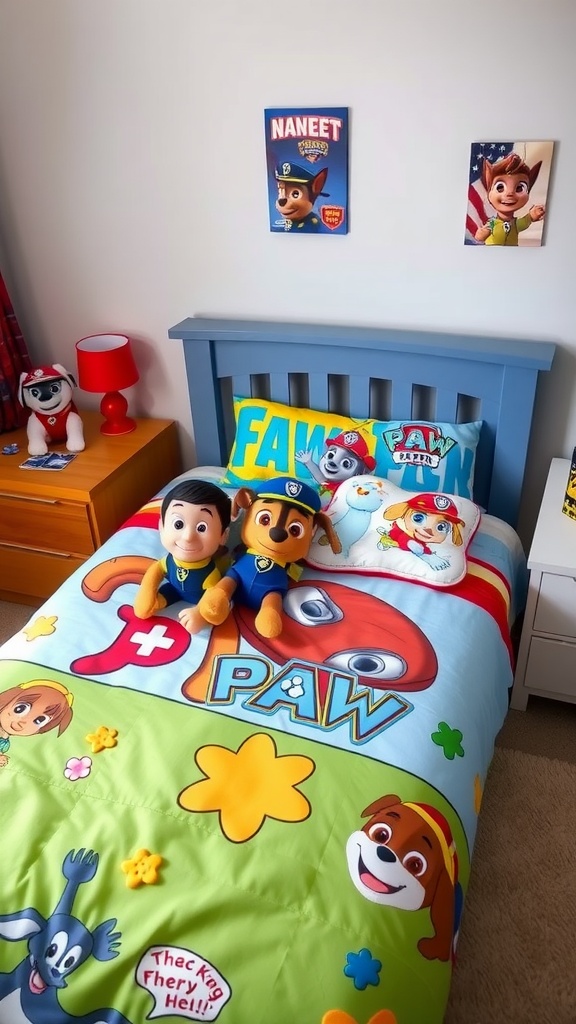 A cozy Paw Patrol themed bedspread with plush toys in a boy's bedroom.