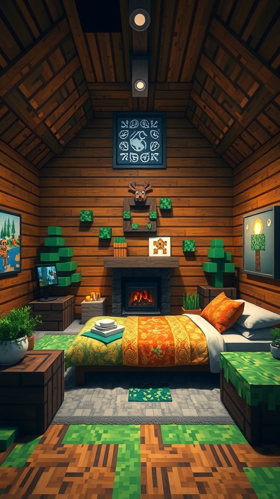 A cozy Minecraft-themed bedroom with wooden walls, vibrant bedding, and a fireplace.