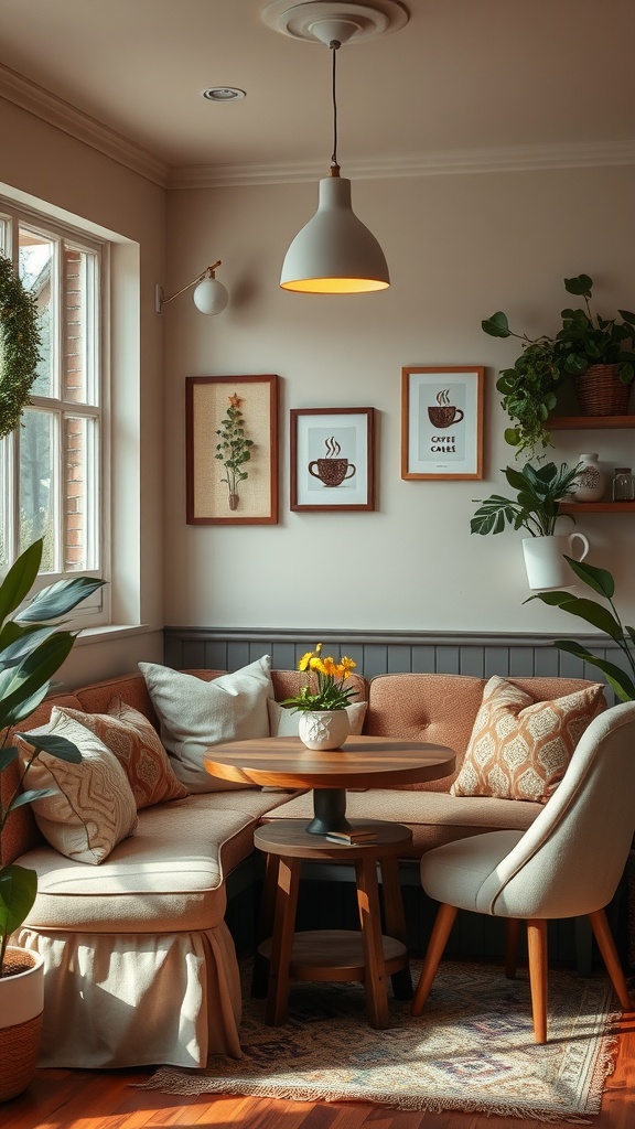 Cozy coffee nook with plush seating, a round table, and warm decor