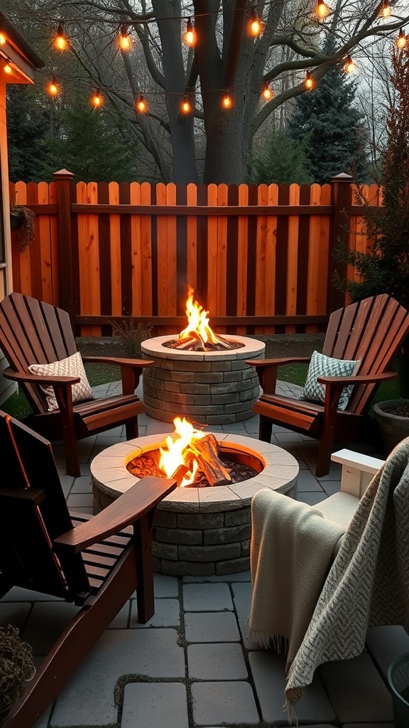 Cozy patio fire pit area with Adirondack chairs and string lights.