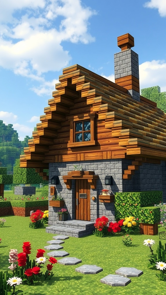 A cozy Minecraft cottage with a wooden roof, stone walls, and a flower-filled garden.