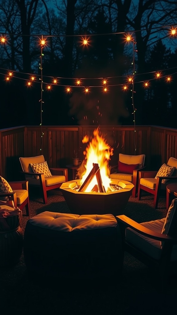Cozy fire pit area with chairs and string lights at night