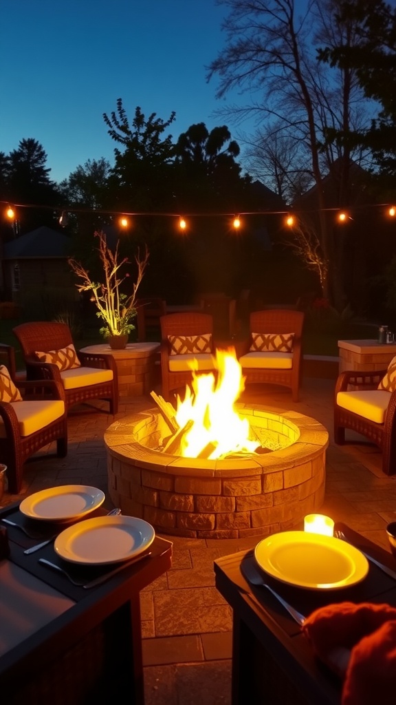 Outdoor dining setup with a fire pit, surrounded by cozy chairs and plates set on tables, illuminated by string lights at dusk.