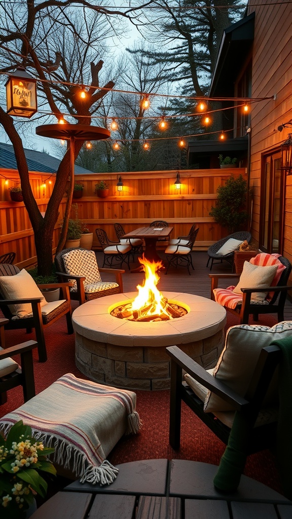 Cozy fire pit lounge with string lights and comfortable seating.