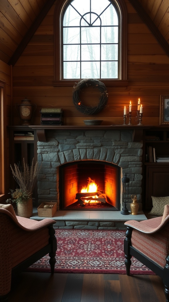 Cozy fireplace nook with stone fireplace, wooden walls, and comfortable chairs