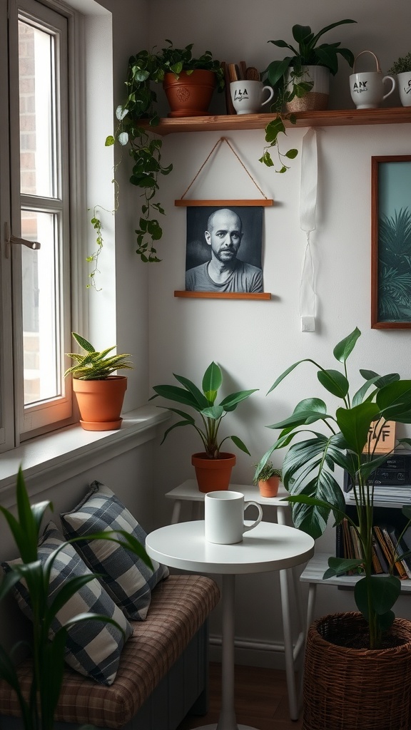 A cozy coffee nook with plants, a small table, and a mug