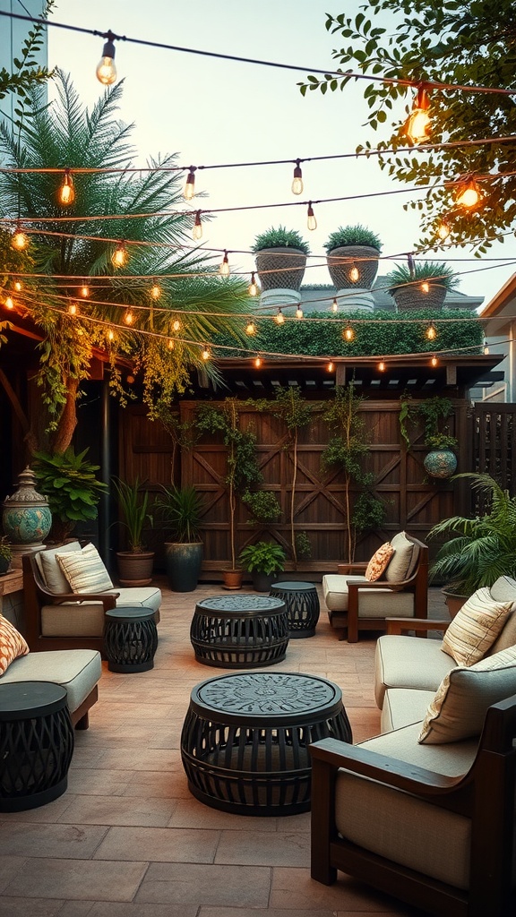 Cozy lounge area on a patio with string lights and comfortable seating.