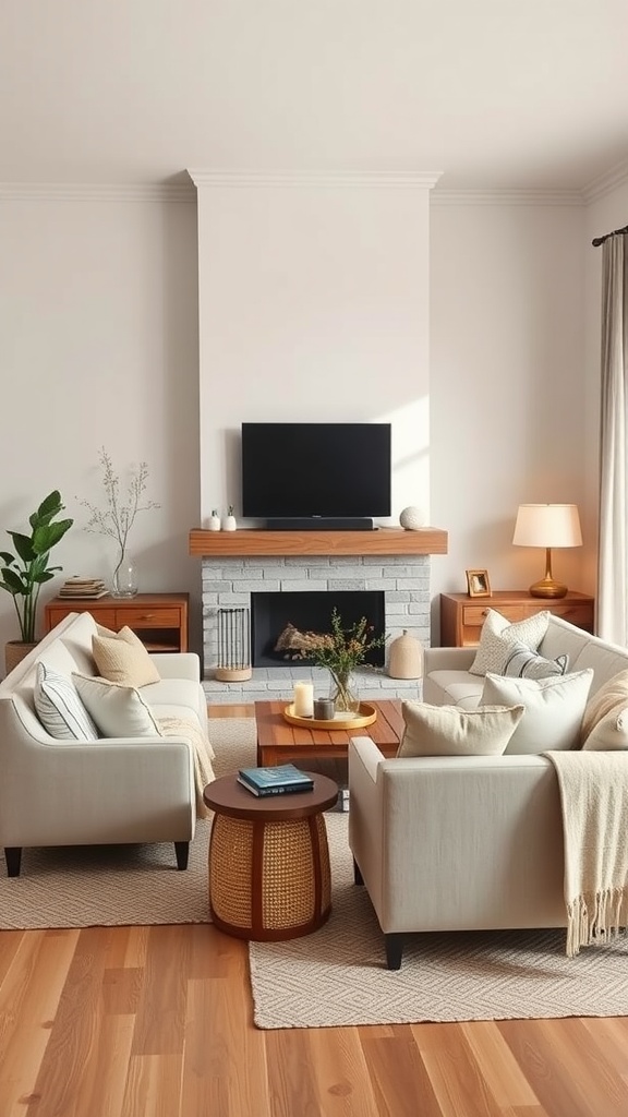 A cozy modern farmhouse living room with neutral colors, featuring two sofas, a coffee table, and a fireplace.