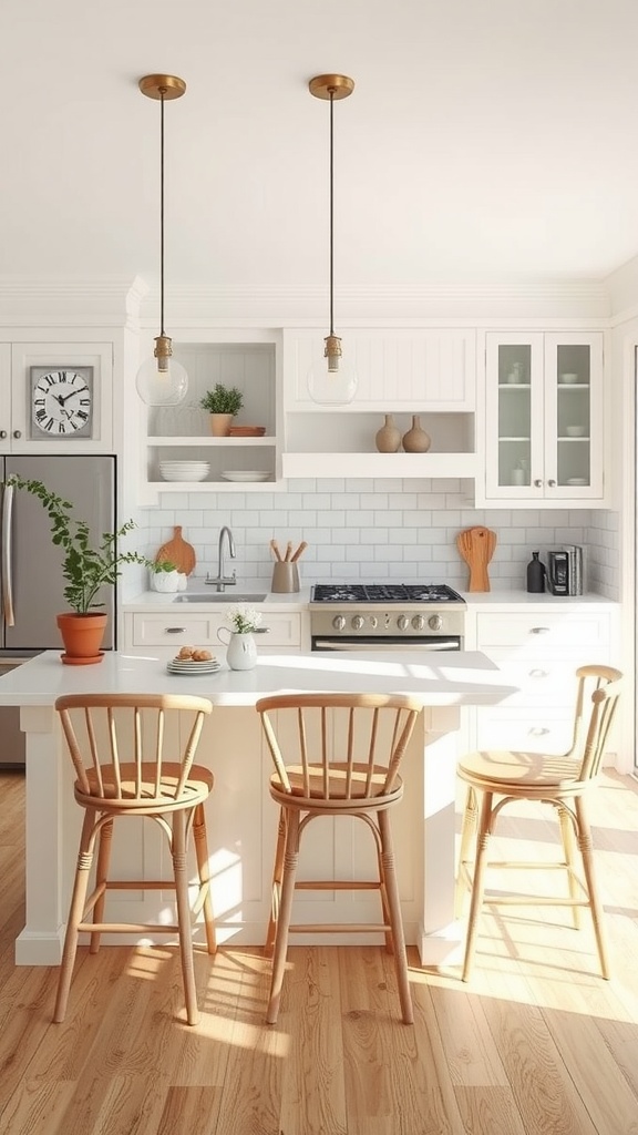 A bright and cozy kitchen nook with a breakfast bar and wooden stools, complemented by white cabinetry and natural light.